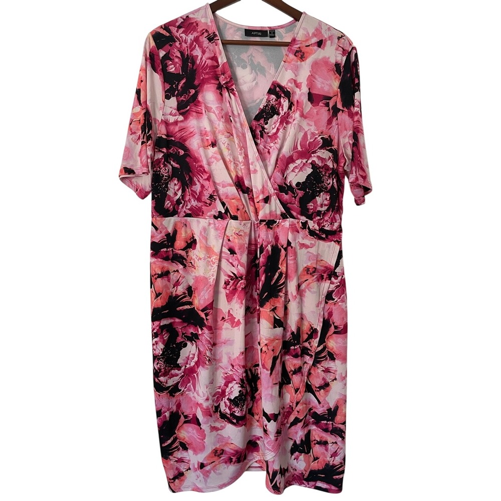 APT 9 Dress 1X Pink Watercolor Floral Faux Wrap Surplice Fit Flare Stretch Midi